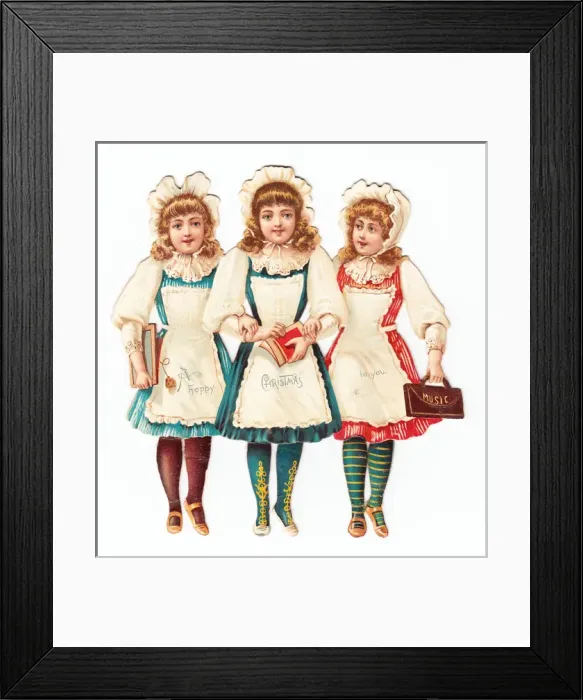 Framed Print : Three girls on a Victorian Christmas scrap Framed Print : Three girls on a Victorian Christmas scrap