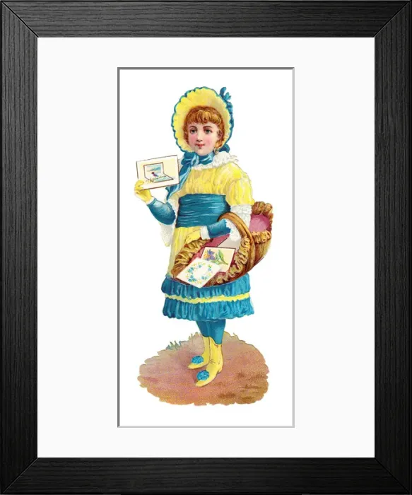 Framed Print : Girl with basket on a Victorian scrap Framed Print : Girl with basket on a Victorian scrap