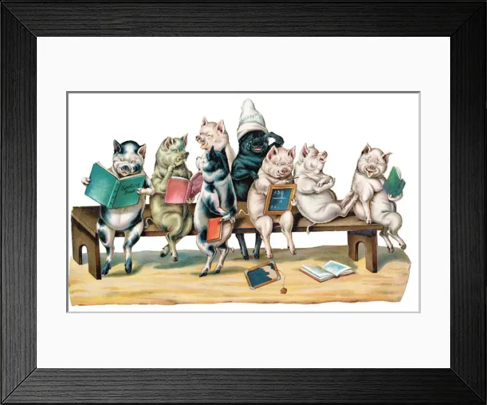 Framed Print : Pigs sitting on a school bench on a Victorian scrap Framed Print : Pigs sitting on a school bench on a Victorian scrap