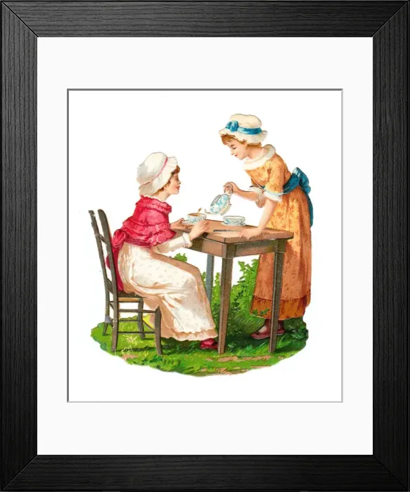 Framed Print : Two girls taking tea on a Victorian scrap Framed Print : Two girls taking tea on a Victorian scrap
