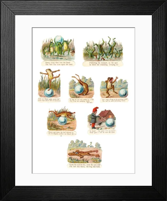 Framed Print : Frogs playing with a ball on eight Victorian scraps Framed Print : Frogs playing with a ball on eight Victorian scraps