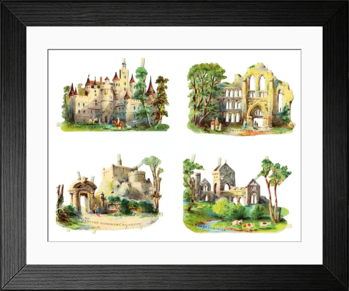 Framed Print : Famous Scottish buildings on four Victorian scraps Framed Print : Famous Scottish buildings on four Victorian scraps