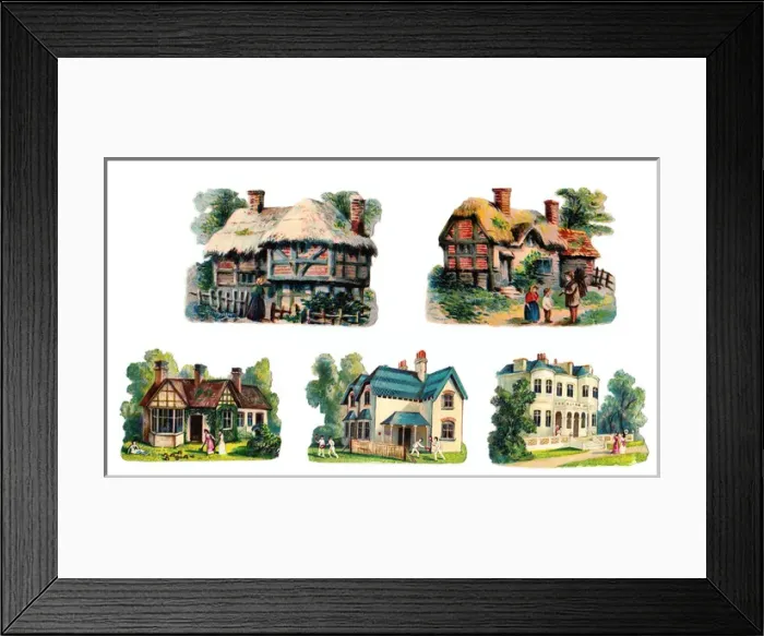 Framed Print : Various buildings on five Victorian scraps Framed Print : Various buildings on five Victorian scraps