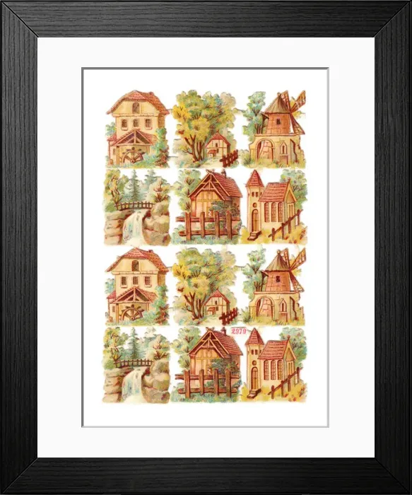 Framed Print : Various buildings and scenes on a sheet of Victorian scraps Framed Print : Various buildings and scenes on a sheet of Victorian scraps
