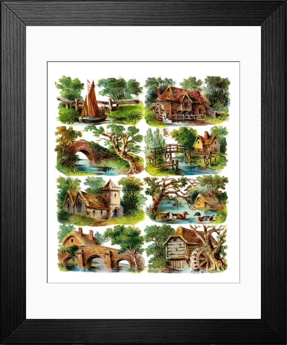 Framed Print : Various buildings and scenes on a sheet of Victorian scraps Framed Print : Various buildings and scenes on a sheet of Victorian scraps