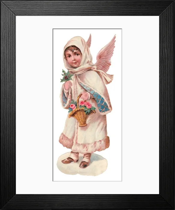Framed Print : Angel with basket of flowers on a Victorian Christmas scrap Framed Print : Angel with basket of flowers on a Victorian Christmas scrap