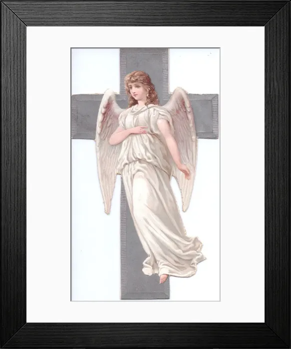 Framed Print : Angel with silver cross on a Victorian scrap Framed Print : Angel with silver cross on a Victorian scrap