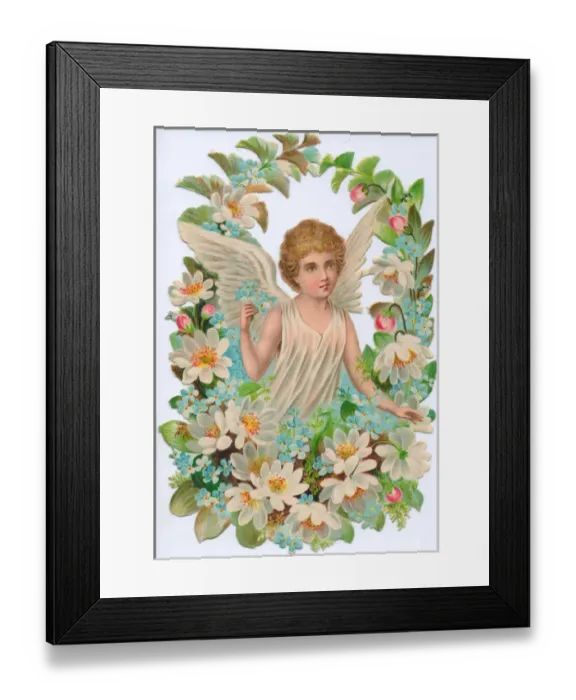 Framed Print : Angel surrounded by flowers on a Victorian scrap Framed Print : Angel surrounded by flowers on a Victorian scrap