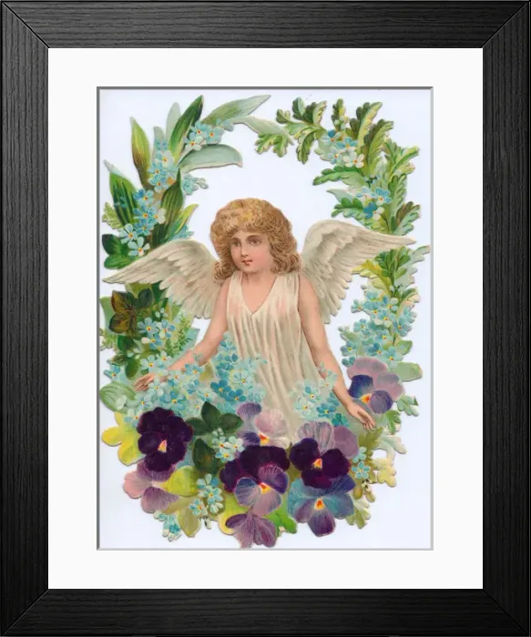Framed Print : Angel surrounded by flowers on a Victorian scrap Framed Print : Angel surrounded by flowers on a Victorian scrap