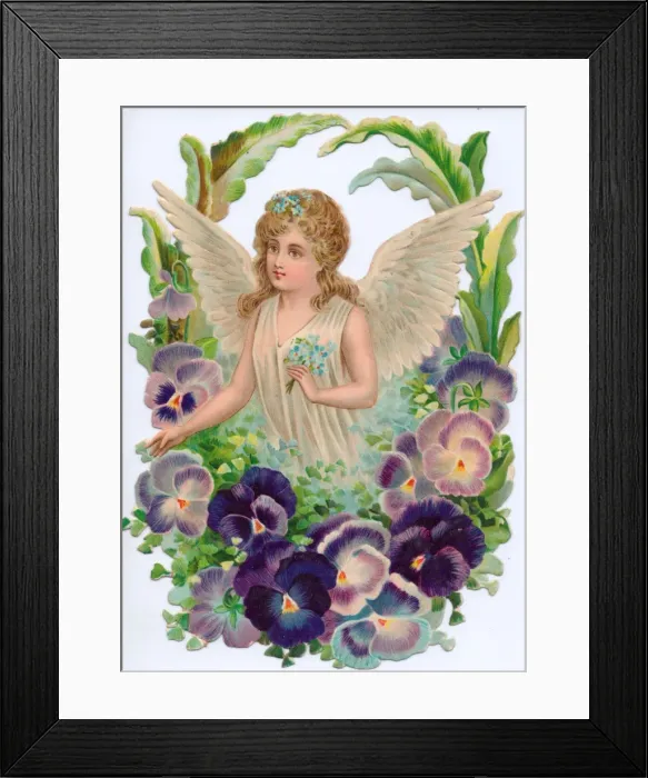 Framed Print : Angel surrounded by flowers on a Victorian scrap Framed Print : Angel surrounded by flowers on a Victorian scrap