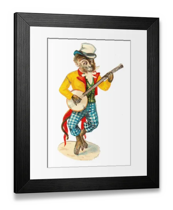 Framed Print : Musical monkey on a Victorian scrap Framed Print : Musical monkey on a Victorian scrap
