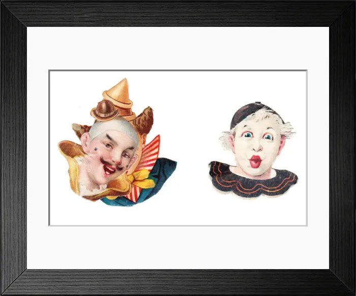 Framed Print : Clown heads on two Victorian scraps Framed Print : Clown heads on two Victorian scraps
