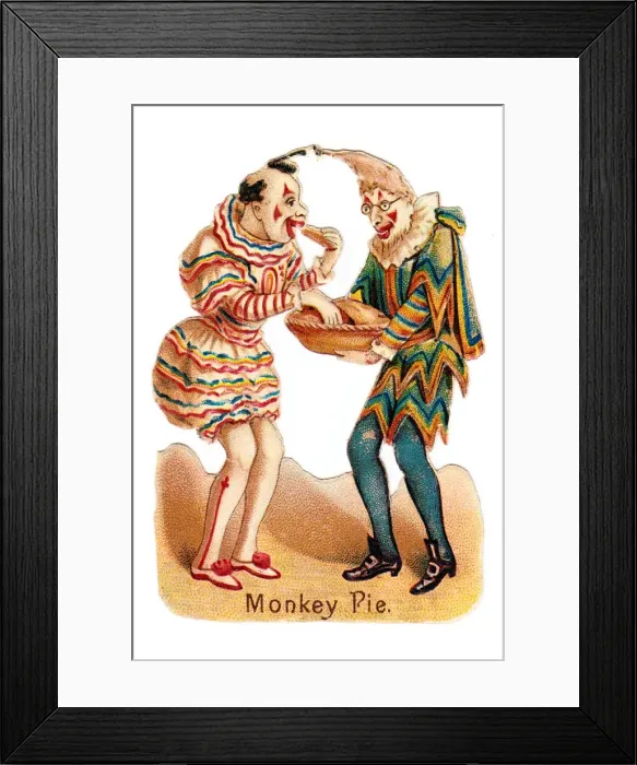 Framed Print : Two clowns with pie on a Victorian scrap Framed Print : Two clowns with pie on a Victorian scrap