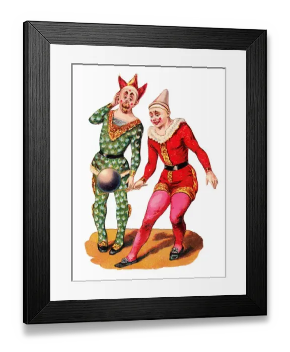 Framed Print : Two clowns with a ball on a Victorian scrap Framed Print : Two clowns with a ball on a Victorian scrap