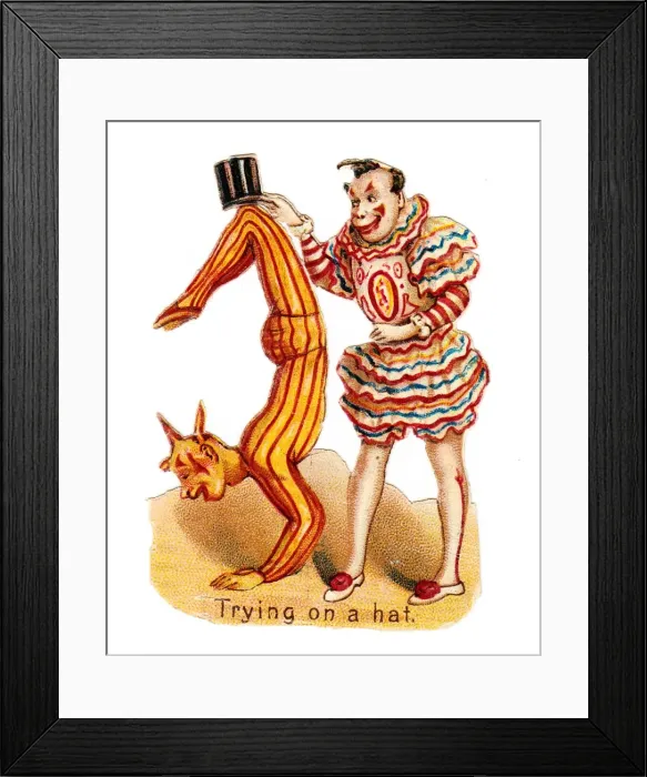 Framed Print : Two clowns with hat on a Victorian scrap Framed Print : Two clowns with hat on a Victorian scrap