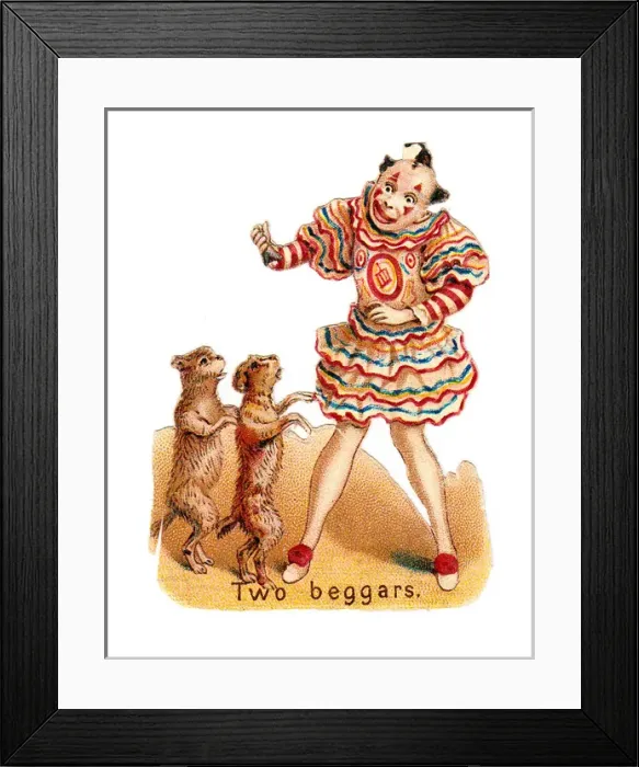 Framed Print : Clown with two begging dogs on a Victorian scrap Framed Print : Clown with two begging dogs on a Victorian scrap