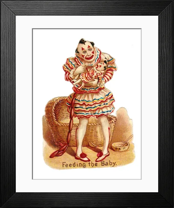 Framed Print : Clown feeding a baby on a Victorian scrap Framed Print : Clown feeding a baby on a Victorian scrap