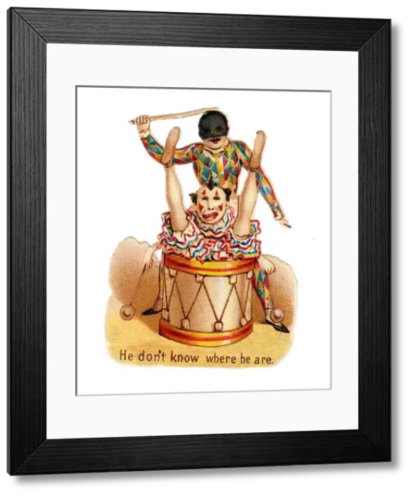Framed Print : Clown and Harlequin on a Victorian scrap Framed Print : Clown and Harlequin on a Victorian scrap
