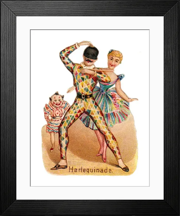 Framed Print : Clown, Harlequin and Columbine on a Victorian scrap Framed Print : Clown, Harlequin and Columbine on a Victorian scrap
