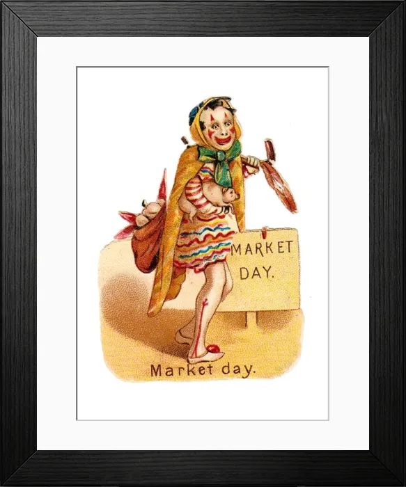 Framed Print : Clown going to market on a Victorian scrap Framed Print : Clown going to market on a Victorian scrap