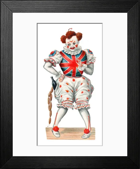 Framed Print : Clown with bottle and sausages on a Victorian scrap Framed Print : Clown with bottle and sausages on a Victorian scrap