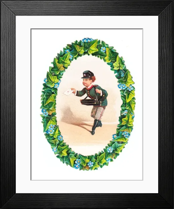 Framed Print : Postman delivering a letter on a Victorian scrap Framed Print : Postman delivering a letter on a Victorian scrap