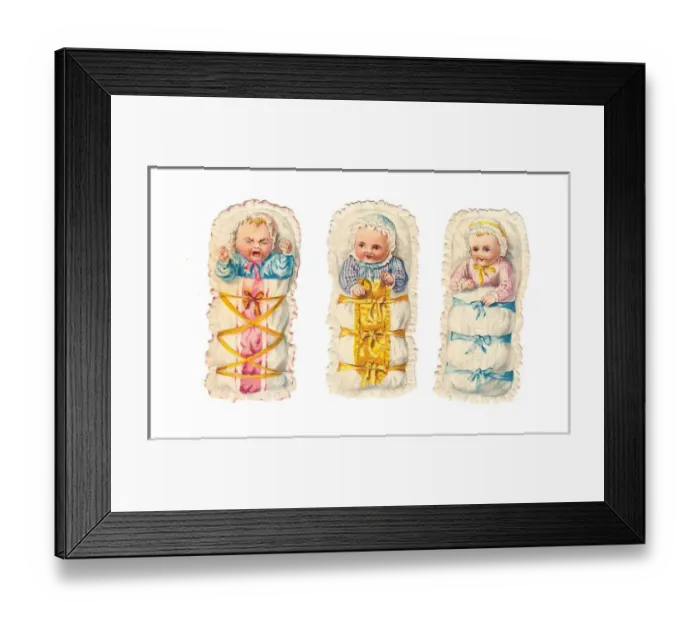 Framed Print : Babies in cradles on three Victorian scraps Framed Print : Babies in cradles on three Victorian scraps
