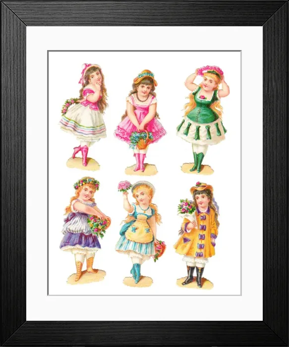Framed Print : Girls with flowers on six Victorian scraps Framed Print : Girls with flowers on six Victorian scraps