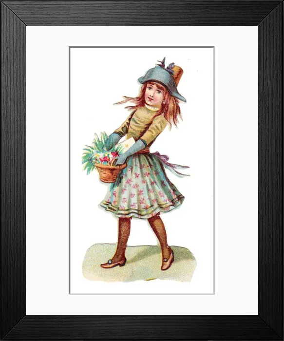 Framed Print : Girl with basket of flowers on a Victorian scrap Framed Print : Girl with basket of flowers on a Victorian scrap
