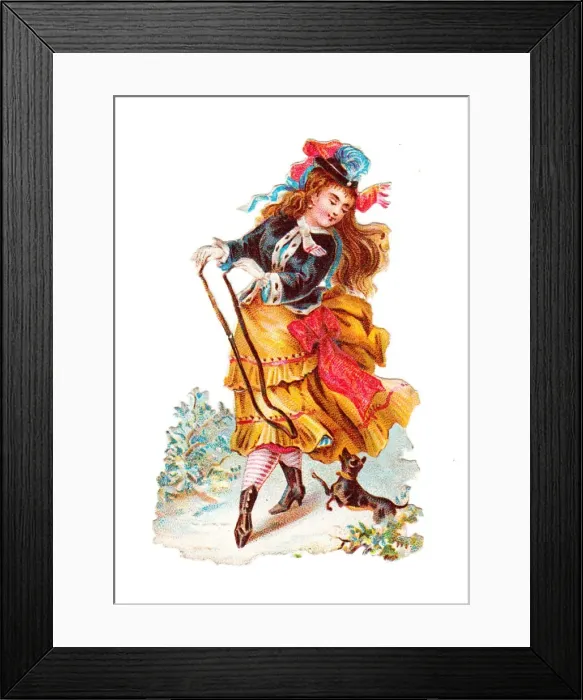 Framed Print : Woman with dog on a Victorian scrap Framed Print : Woman with dog on a Victorian scrap