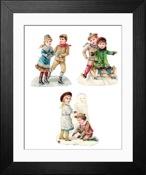 Framed Print : Boys and girls on three Victorian Christmas scraps Framed Print : Boys and girls on three Victorian Christmas scraps