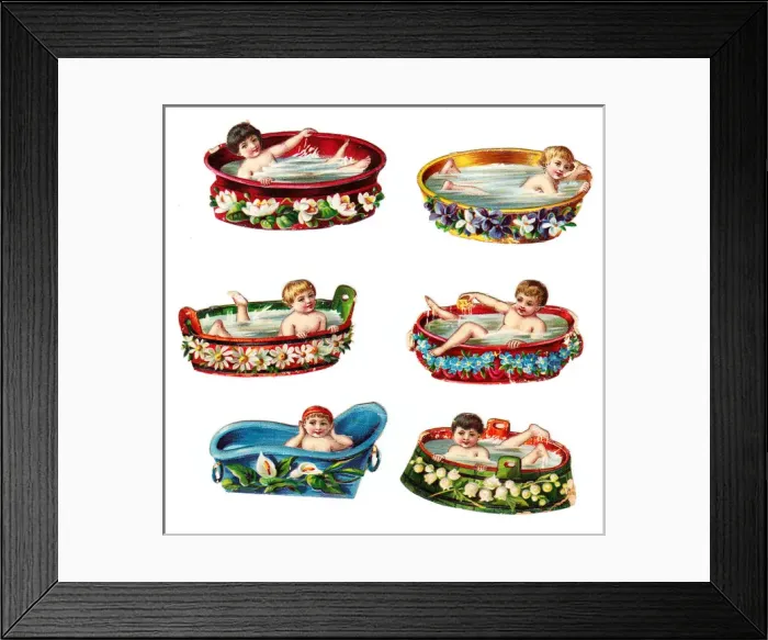 Framed Print : Boys in baths on six Victorian scraps Framed Print : Boys in baths on six Victorian scraps