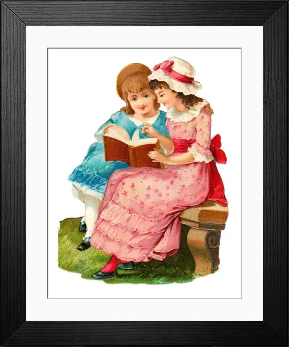 Framed Print : Two girls with book on a Victorian scrap Framed Print : Two girls with book on a Victorian scrap