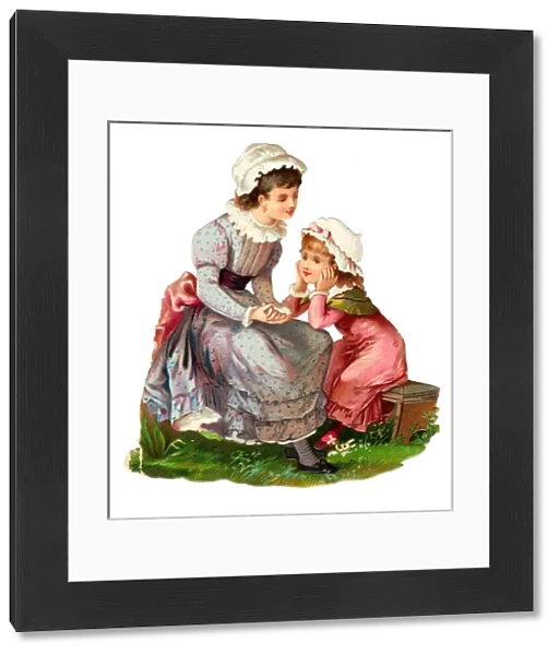 Two girls in a garden on a Victorian scrap