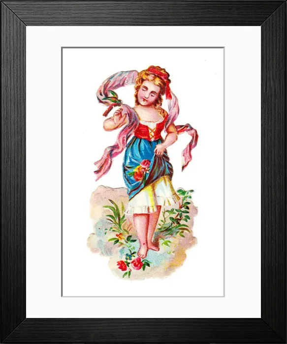 Framed Print : Peasant girl with red roses on a Victorian scrap Framed Print : Peasant girl with red roses on a Victorian scrap