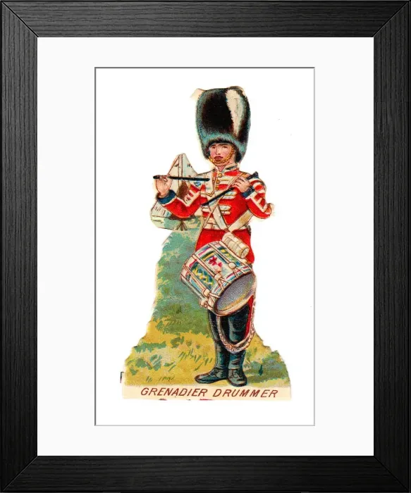 Framed Print : Grenadier guardsman drumming on a Victorian scrap Framed Print : Grenadier guardsman drumming on a Victorian scrap