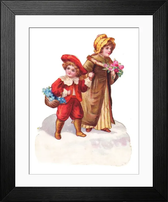 Framed Print : Boy and girl with flowers on a Victorian scrap Framed Print : Boy and girl with flowers on a Victorian scrap