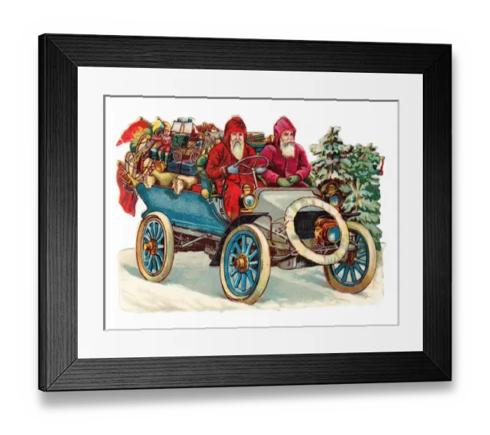 Framed Print : Father Christmas in a car on a Victorian scrap Framed Print : Father Christmas in a car on a Victorian scrap