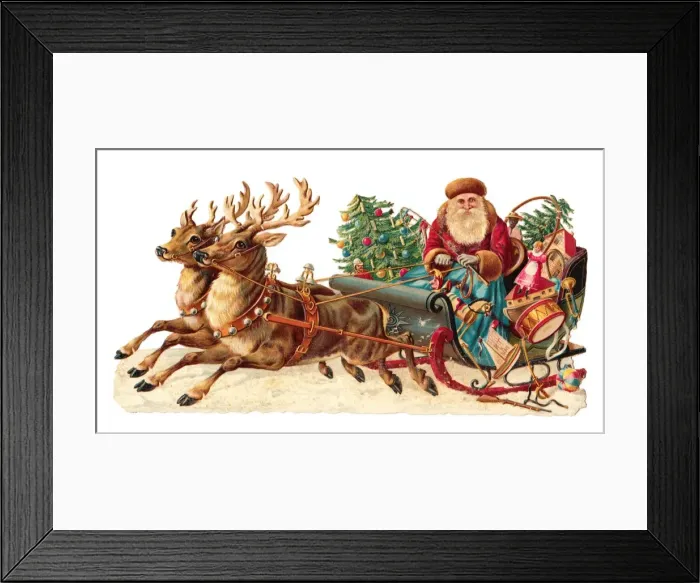 Framed Print : Father Christmas with sleigh on a Victorian scrap Framed Print : Father Christmas with sleigh on a Victorian scrap