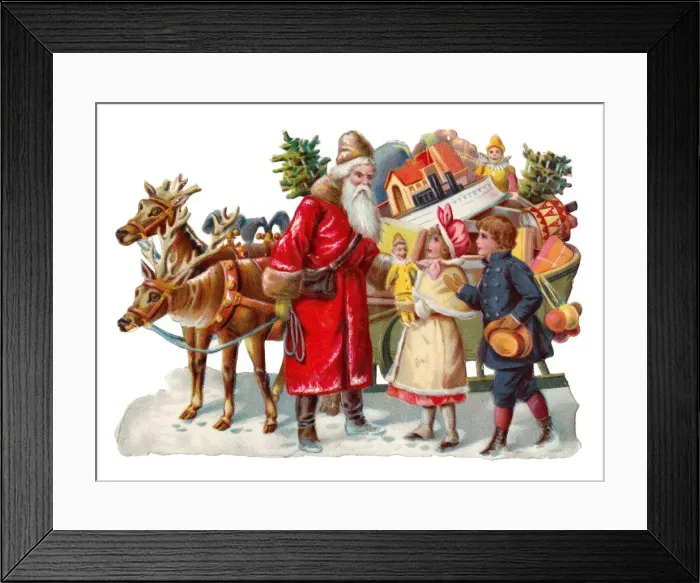 Framed Print : Father Christmas with sleigh on a Victorian scrap Framed Print : Father Christmas with sleigh on a Victorian scrap