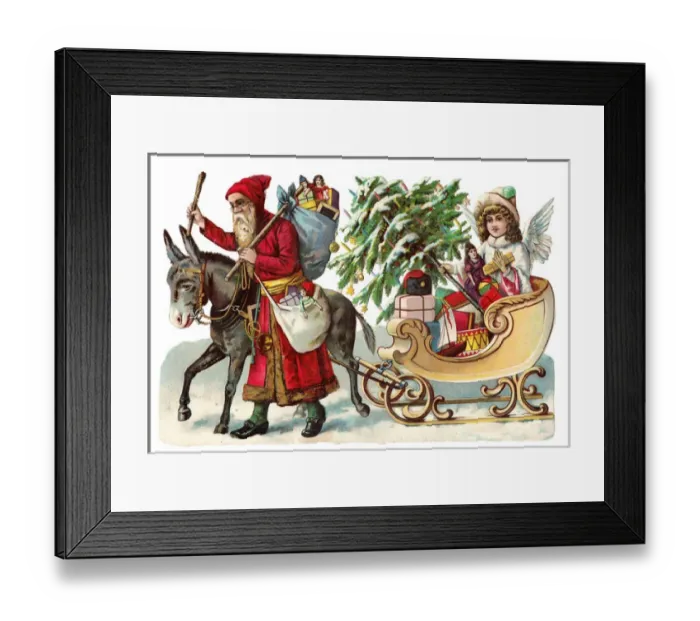 Framed Print : Father Christmas with sleigh on a Victorian scrap Framed Print : Father Christmas with sleigh on a Victorian scrap