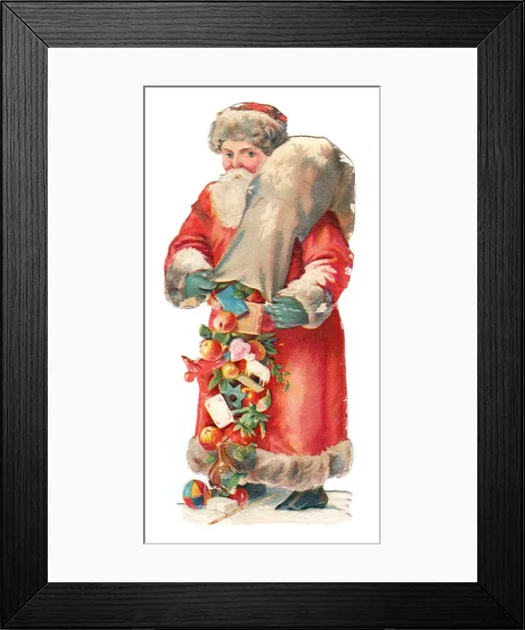 Framed Print : Father Christmas with presents on a Victorian scrap Framed Print : Father Christmas with presents on a Victorian scrap