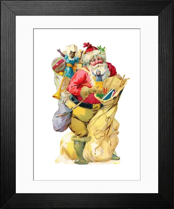 Framed Print : Father Christmas with presents on a Victorian scrap Framed Print : Father Christmas with presents on a Victorian scrap