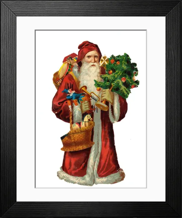 Framed Print : Father Christmas with presents on a Victorian scrap Framed Print : Father Christmas with presents on a Victorian scrap