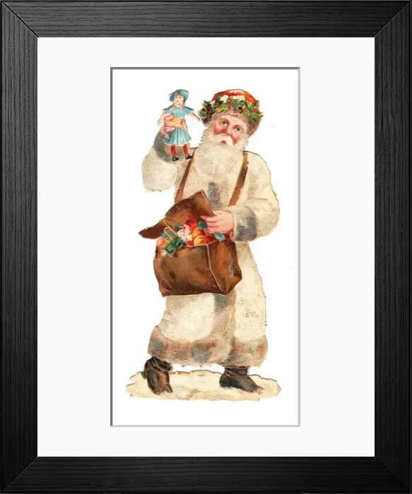 Framed Print : Father Christmas with presents on a Victorian scrap Framed Print : Father Christmas with presents on a Victorian scrap