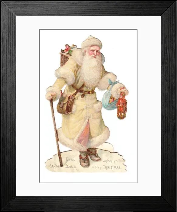 Framed Print : Father Christmas with presents on a Victorian scrap Framed Print : Father Christmas with presents on a Victorian scrap
