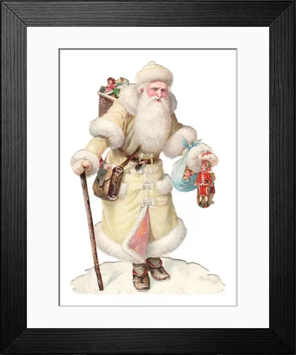 Framed Print : Father Christmas with presents on a Victorian scrap Framed Print : Father Christmas with presents on a Victorian scrap