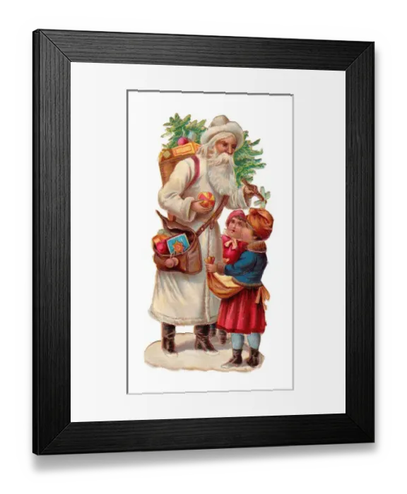 Framed Print : Father Christmas with presents on a Victorian scrap Framed Print : Father Christmas with presents on a Victorian scrap