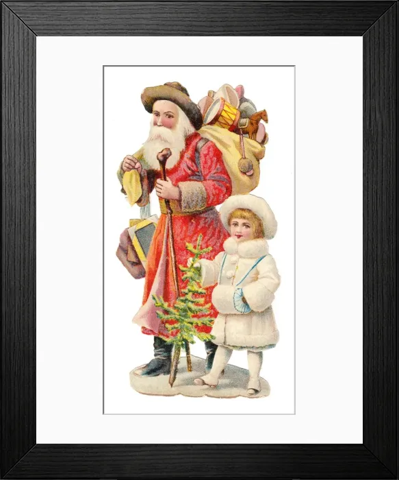 Framed Print : Father Christmas with presents on a Victorian scrap Framed Print : Father Christmas with presents on a Victorian scrap