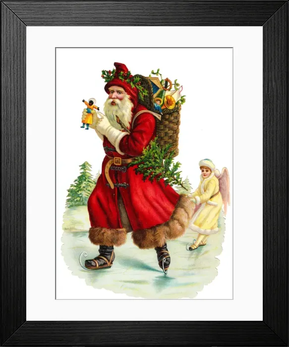 Framed Print : Father Christmas with presents on a Victorian scrap Framed Print : Father Christmas with presents on a Victorian scrap